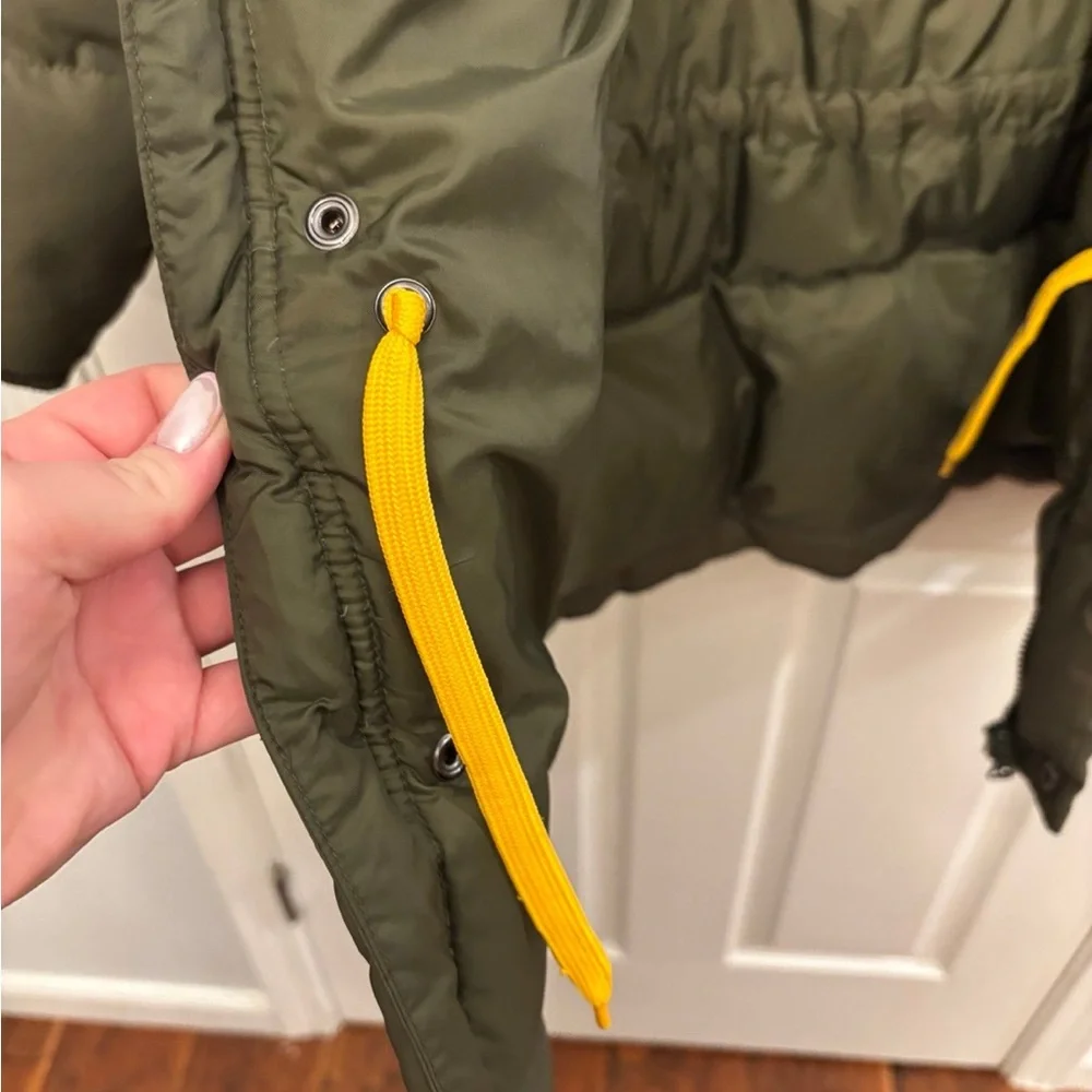 Olive Green Puffer Jacket with Faux Fur Hood